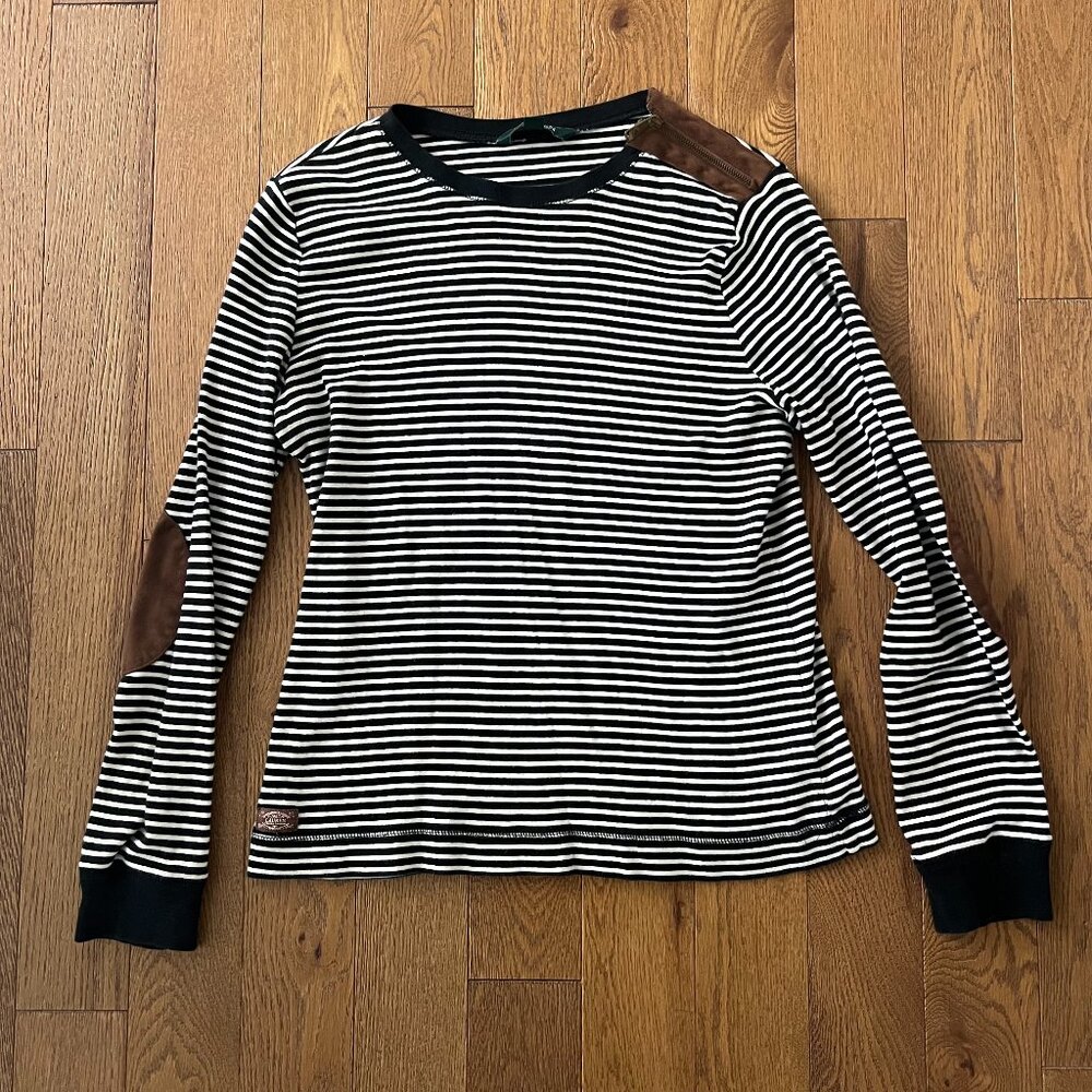 Lauren Ralph‎ Lauren Striped 100% Cotton Riding Top L Suede Patches Equestrian